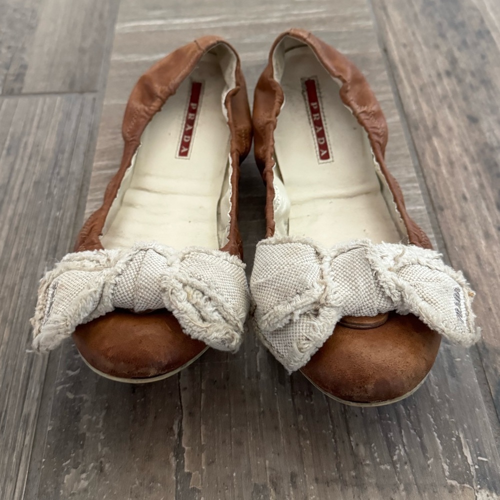 Prada Leather And Canvas Scrunch Bow Ballet Flats Size 38 - Picture 3 of 11